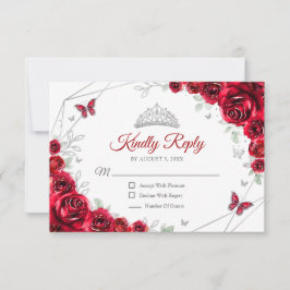 Quinceanera Red Silver Floral Reply RSVP Kaartje