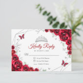 Quinceanera Red Silver Floral Reply RSVP Kaartje (Staand voorkant)