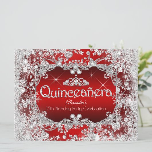 Quinceanera Red Silver Tiara Winter Wonderland Kaart (Staand voorkant)