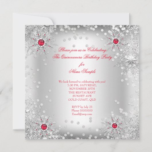 Quinceanera Red Silver Winter Wonderland Kaart (Achterkant)