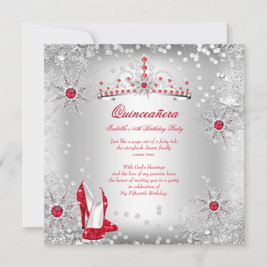 Quinceanera Red Silver Winter Wonderland Kaart (Voorkant)