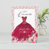 Quinceanera Red Sparkle Gown Waterverf Flowers Kaart (Staand voorkant)