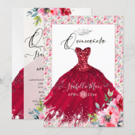 Quinceanera Red Sparkle Gown Waterverf Flowers Kaart