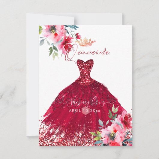 Quinceanera Red Sparkle trok Waterverf bloemen in Kaart (Voorkant)