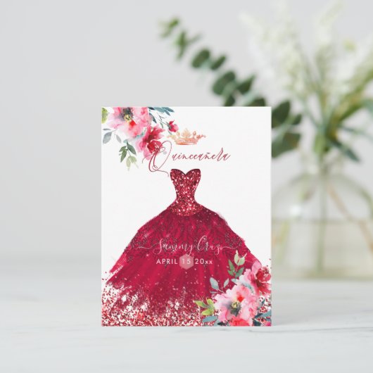 Quinceanera Red Sparkle trok Waterverf bloemen in Kaart (Staand voorkant)