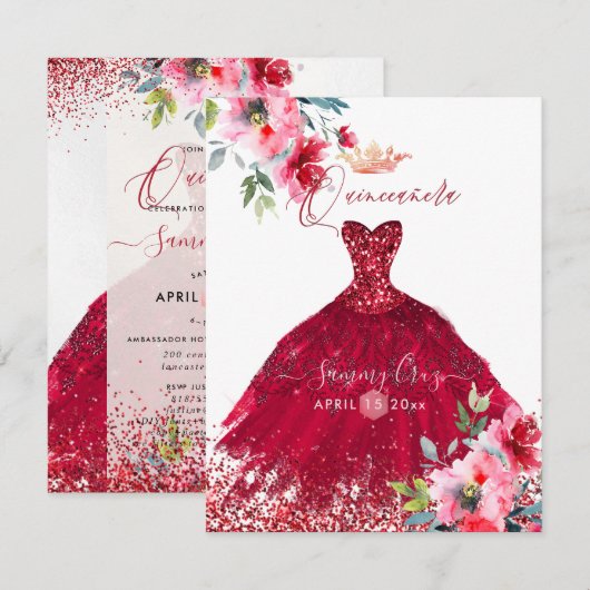 Quinceanera Red Sparkle trok Waterverf bloemen in Kaart (Voorkant / Achterkant)