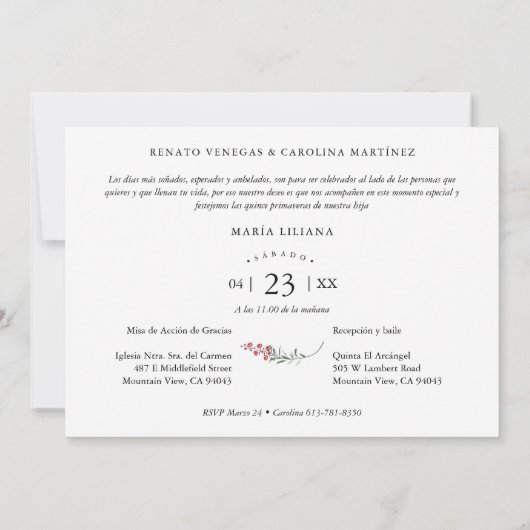 Quinceañera Red Trendy Branches Español 2 Kaart (Achterkant)