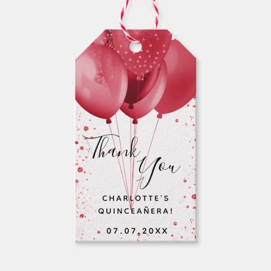 Quinceanera red white glitter ballonnen dankjewel cadeaulabel (Voorkant)