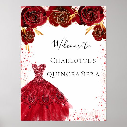 Quinceanera red white glitter jurk floral Welkom Poster (Voorkant)