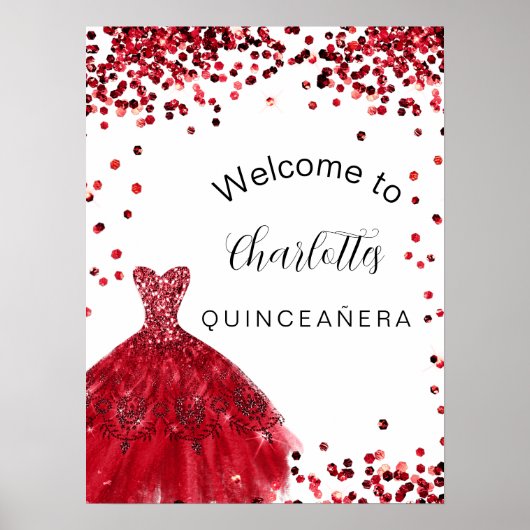 Quinceanera red white glitter-jurk poster (Voorkant)