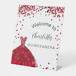 Quinceanera red white glitter-jurk reclamebord met voetstuk