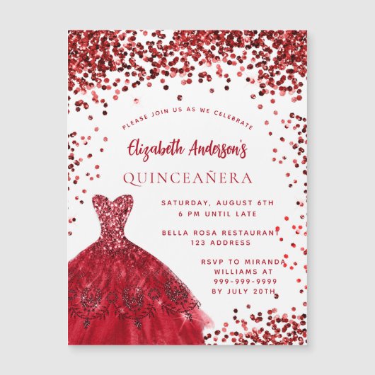 Quinceanera red white jurk sparkles luxe magnetische uitnodiging (Voorkant)