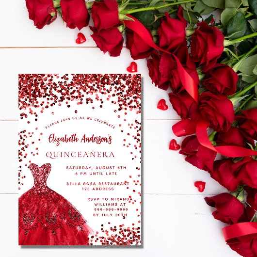 Quinceanera red white jurk uitnodiging briefkaart