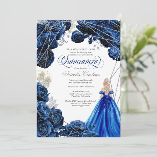 Quinceañera Regal Royal Blue & Silver w Gown Invit Kaart (Staand voorkant)