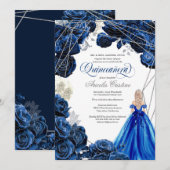 Quinceañera Regal Royal Blue & Silver w Gown Invit Kaart (Voorkant / Achterkant)