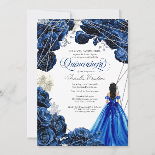 Quinceañera Regal Royal Blue & Silver w Gown Invit Kaart (Voorkant)