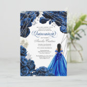 Quinceañera Regal Royal Blue & Silver w Gown Invit Kaart (Staand voorkant)