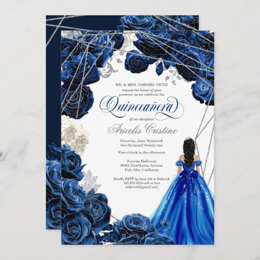 Quinceañera Regal Royal Blue & Silver w Gown Invit Kaart (Voorkant / Achterkant)