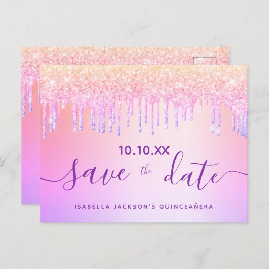 Quinceanera regenboog glitters roze uitnodiging ka (Voorkant / Achterkant)