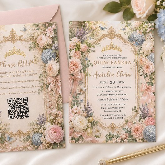 Quinceañera Regency Engelse bloementuin QR RSVP Kaart