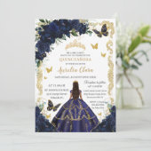 Quinceañera Rijke Marine Blauw Bloemen Goud Prinse Kaart (Staand voorkant)