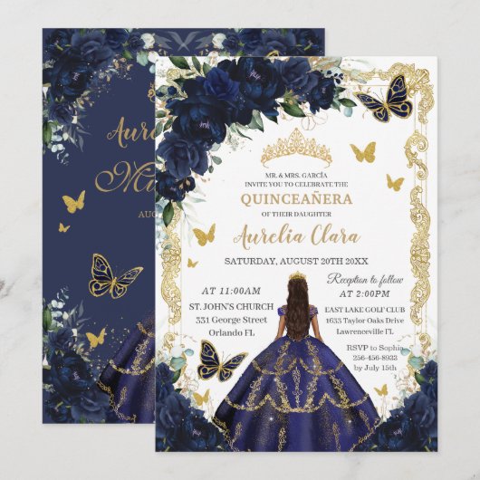 Quinceañera Rijke Marine Blauw Bloemen Goud Prinse Kaart (Voorkant / Achterkant)