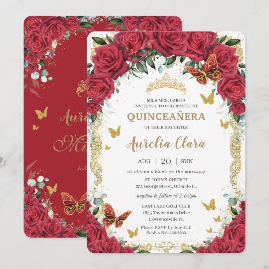 Quinceañera Rode Bloemen  Gouden Vlinders Kaart (Voorkant / Achterkant)