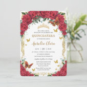 Quinceañera Rode Bloemen  Gouden Vlinders Kaart (Staand voorkant)