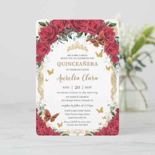 Quinceañera Rode Bloemen  Gouden Vlinders Kaart (Staand voorkant)