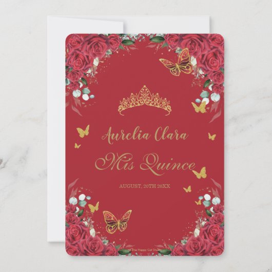 Quinceañera Rode Bloemen  Gouden Vlinders Kaart (Achterkant)