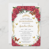 Quinceañera Rode Bloemen  Gouden Vlinders Kaart (Voorkant)