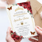 Quinceañera Rode Bloemen Gouden Vlinders QR RSVP Kaart