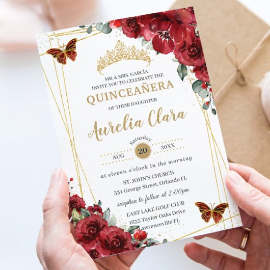 Quinceañera Rode Bloemen Gouden Vlinders QR RSVP Kaart