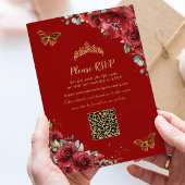 Quinceañera Rode Bloemen Gouden Vlinders QR RSVP Kaart