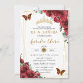 Quinceañera Rode Bloemen Gouden Vlinders QR RSVP Kaart (Voorkant)