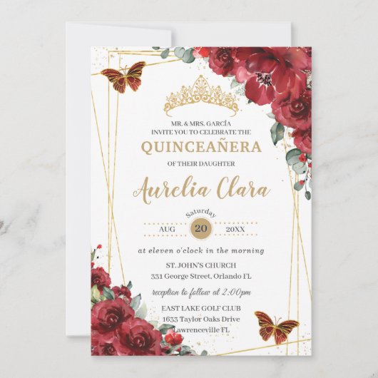 Quinceañera Rode Bloemen Gouden Vlinders QR RSVP Kaart (Voorkant)
