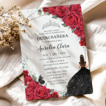 Quinceañera Rode Bloemen Zwarte Jurk Zilveren Kroo Kaart<br><div class="desc">Personaliseer deze mooie Quinceañera / Sweet 16 / 18th Birthday-uitnodiging met eigen bewoordingen gemakkelijk en snel, druk gewoon op de knop Bewerken met ontwerptools om de stijl en plaatsing van de tekst verder te herschikken en te formatteren. De vlinders, het meisje en de kroon zijn beweegbaar, afstelbaar, dupliceerbaar en verwijderbaar,...</div>