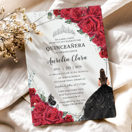 Quinceañera Rode Bloemen Zwarte Jurk Zilveren Kroo Kaart
