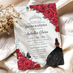 Quinceañera Rode Bloemen Zwarte Jurk Zilveren Kroo Kaart