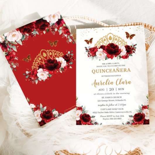 Quinceañera Rode en Blush Bloemen Vlinders Tiara Kaart