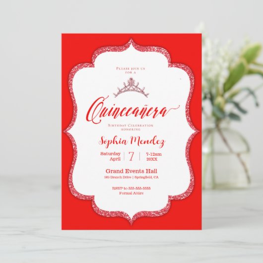 Quinceanera - Rode en witte uitnodiging (Staand voorkant)