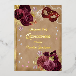Quinceañera Rode Engelse Rozen & Gouden Rode Maske Folie Uitnodiging