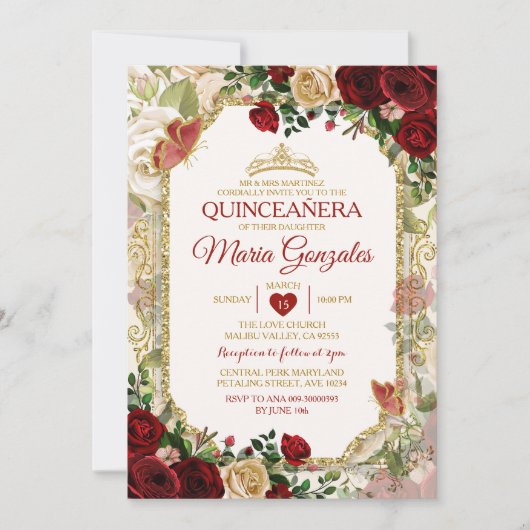 Quinceañera Rode & Gouden Kroon Mexicaanse Vlinder Kaart (Voorkant)