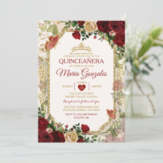 Quinceañera Rode & Gouden Kroon Mexicaanse Vlinder Kaart (Staand voorkant)