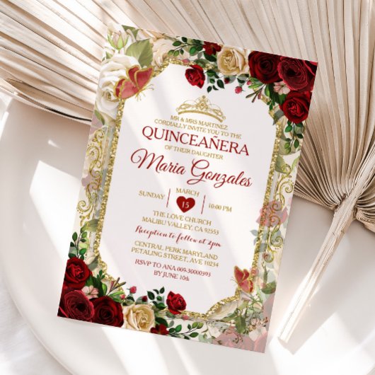 Quinceañera Rode & Gouden Kroon Mexicaanse Vlinder Kaart