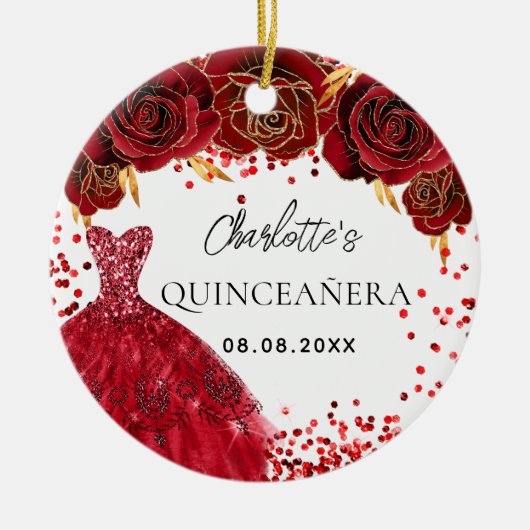 Quinceanera rode jurk bloemen wit keramisch ornament (Voorkant)