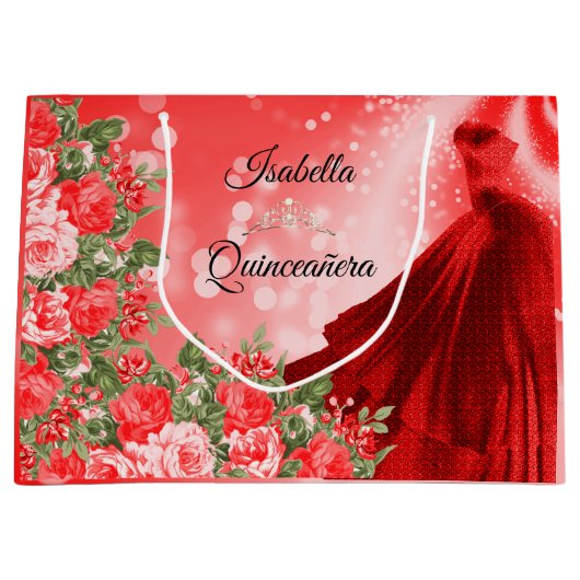 Quinceañera rode jurk en bloemen groot cadeauzakje (Voorkant)