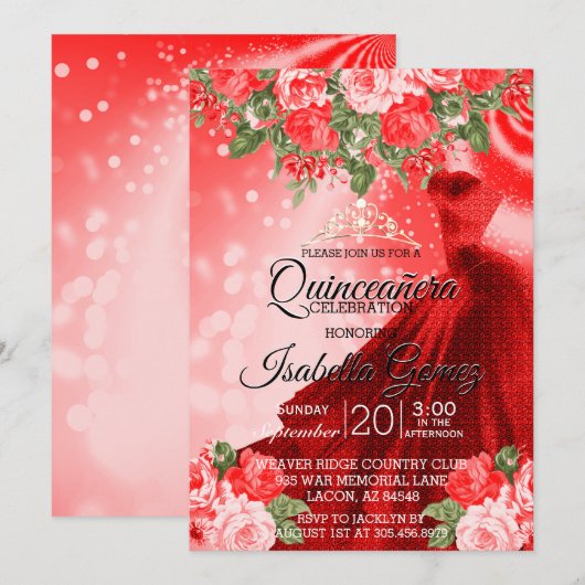 Quinceañera rode jurk en bloemen kaart (Voorkant / Achterkant)