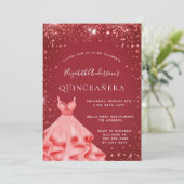 Quinceanera rode jurk glitter kaart (Staand voorkant)