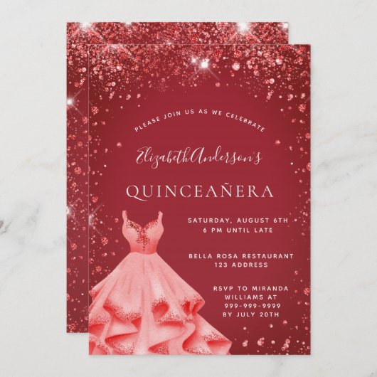 Quinceanera rode jurk glitter kaart (Voorkant / Achterkant)